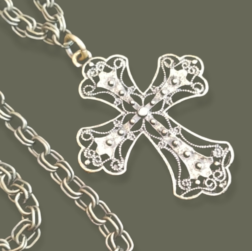 Rustic Cross Pendant Necklace Antique Goldtone Hand Crafted - Picture 2 of 10